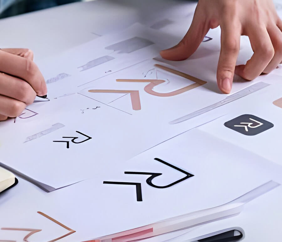 Designer sketching logo concepts on paper with various designs